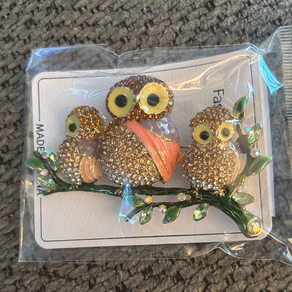 Jewelry - Rhinestone Owl Family Brooch - Gold and Pink Accent